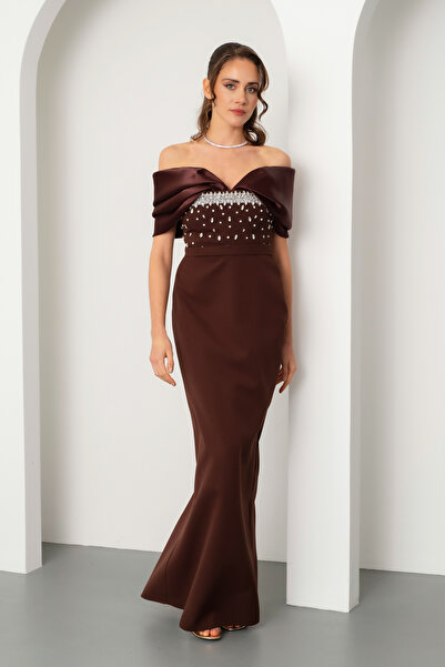 Lafaba Women's Brown Boat Neck Long Evening Dress with Stones on the Bust