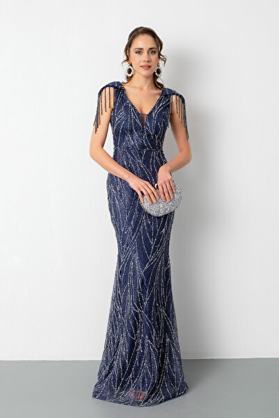 Lafaba Kadın Lacivert Omuz Detay Simli Uzun Abiye Elbise
