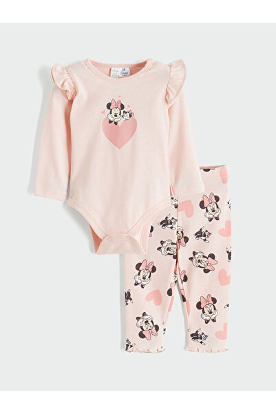 LC Waikiki Bisiklet Yaka Minnie Mouse Baskılı Kız Bebek Çıtçıtlı Body ve Tayt
