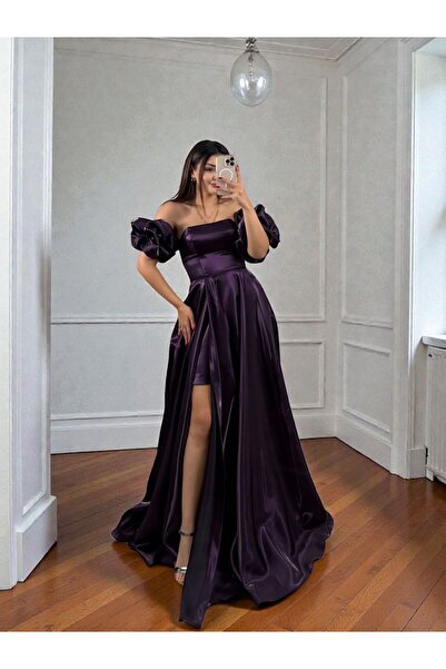 OLA Nora Balon Kollu Parlak Saten Yırtmaçlı Mor Abiye Elbise