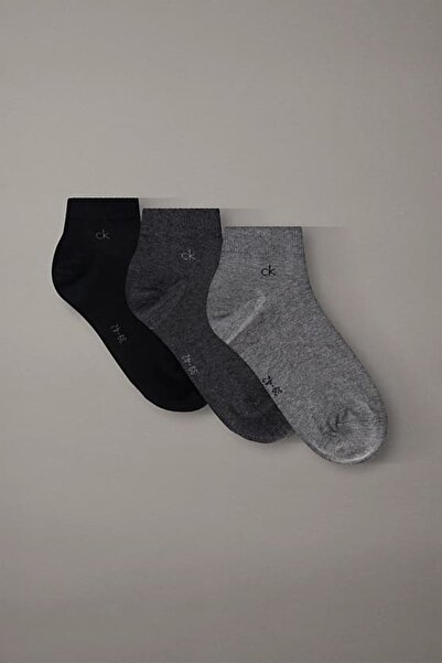 Calvin Klein Erkek Bilek Boy Yan Logolu 3'lü Çorap Seti - Siyah/Gri