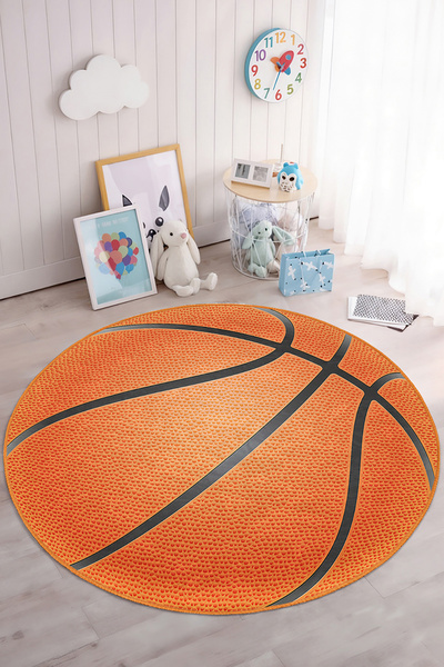 Realhomes Basketbol Topu Desenli Yuvarlak Çocuk Odası Yıkanabilir Kaymaz Taba...