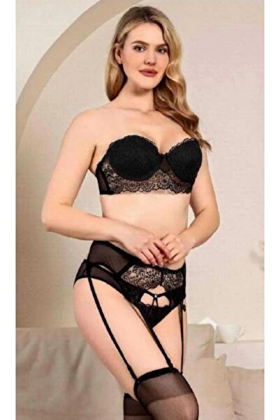 Nurteks 2458 Dantelli Destekli Straplez Jartiyer Sütyen Takım