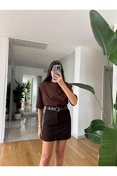 MERVE AKSOY Emma Vatkalı Premium Tişört- Kahve