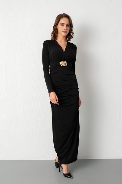 Lafaba Kadın Siyah Kemerli Büzgü Detay Midi Davet Elbisesi