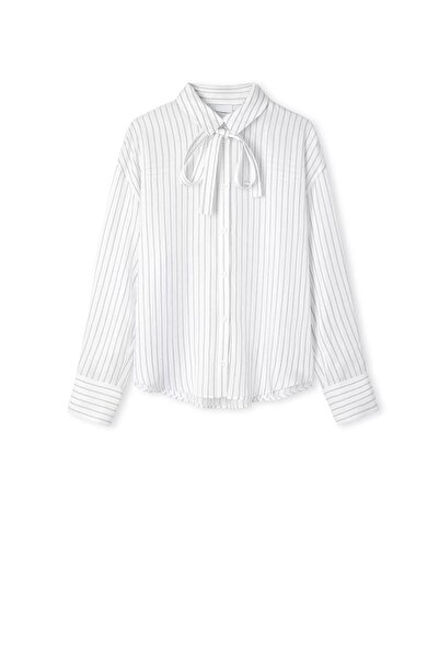 GÜLTEN MADEN Kadın Beyaz Fular Detaylı Çizgili Gömlek