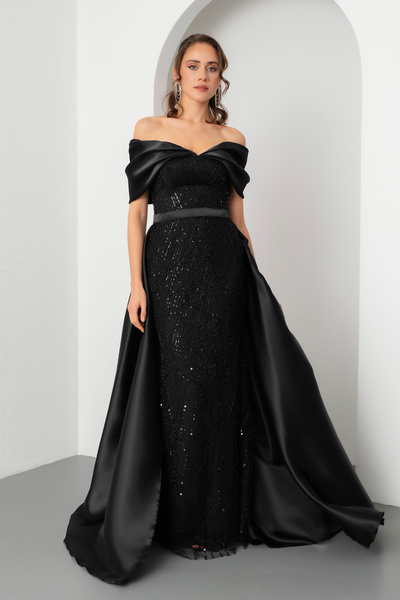 Lafaba Kadın Siyah Kayık Yaka Kuyruklu Uzun Abiye Elbise