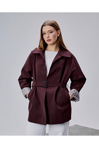 IDA Collection Scarf Detailed Belted Trench Coat Burgundy