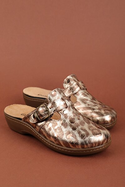 Gondol Women's Genuine Leather Special Slippers with Removable Sole for Home and Outdoors Yprk.275 Beige Croco