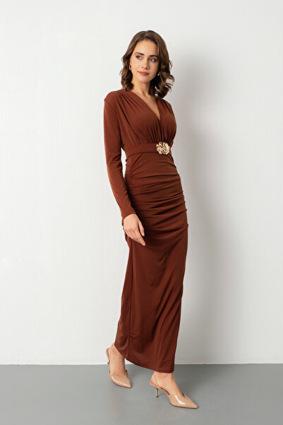 Lafaba Kadın Kahverengi Kemerli Büzgü Detay Midi Davet Elbisesi