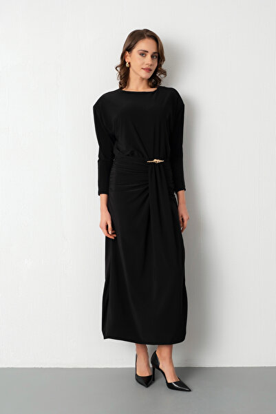 Lafaba Women's Black Crew Neck Accessory Detail Slit Midi Invitation Dress