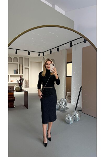 Sezgi Tekin Bel Draped Black Tulle Skirt with Glitter Polka Dot Detail