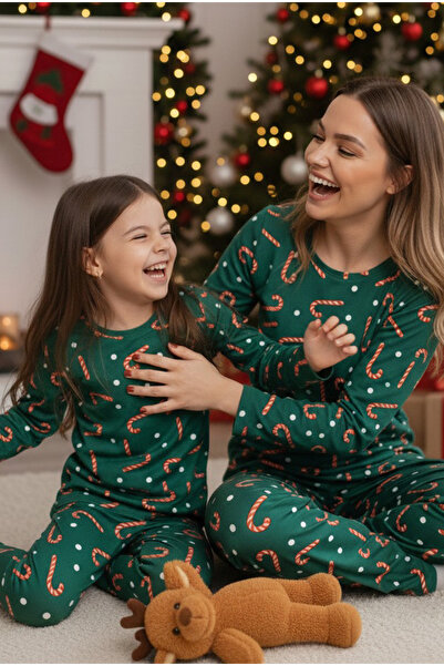 Siyah İnci Green 100% Cotton Candy Cane Patterned Christmas Themed Knitted Pajamas Set