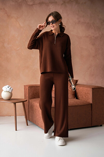 Park Karon Women's Polo Neck Oversized Sweater Pants Knitwear Bottom-Top Set