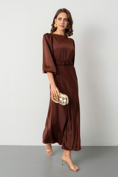 Lafaba Kadın Kahverengi Uzun Balon Kollu Nişan Elbisesi