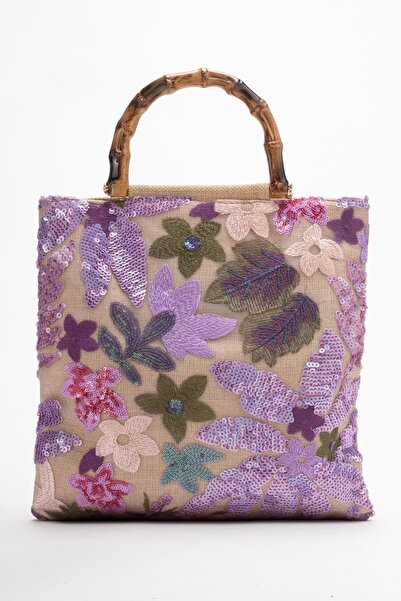 Lizy Shoes Geantă de damă cu mâner din bambus și paiete brodate