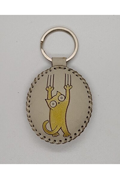 Durush Collection Real Leather, Hand Sewing, Hand Painting Cat Pattern Keychain