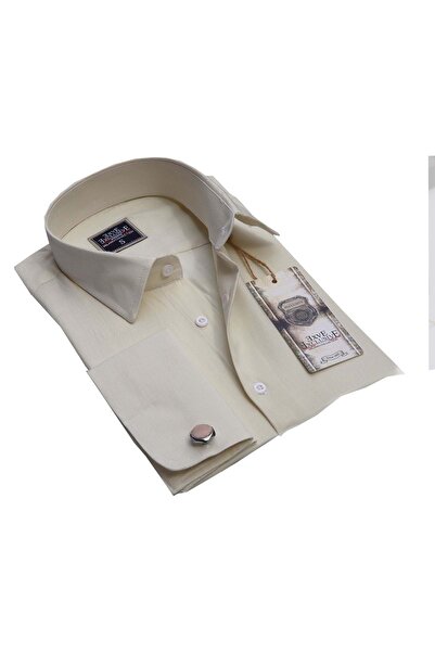 Exve Exclusive Cămașă cu manșete duble franceze slim fit cu model în dungi bej