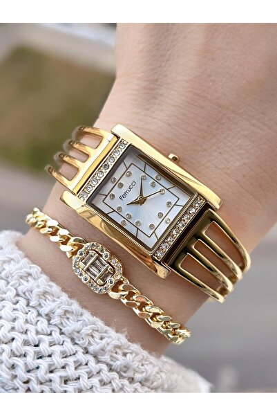 Ferrucci Kaburga Tasarım 2 Yıl Garantili 3 Atm Suya Dayanıklı Kadın Kol Saati+Bileklik FC.L11061.1