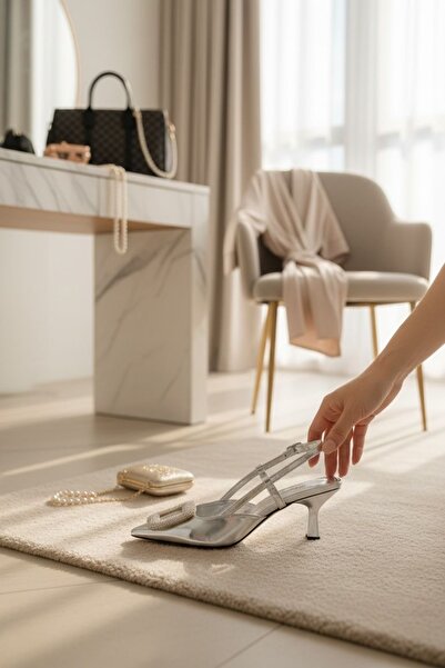 Yazın Ayakkabıları GÜMÜŞ ÖNÜ TAŞLI ARKASI AÇIK SİVRİ BURUN ABİYE AYAKKABI