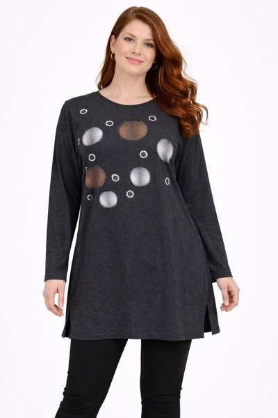 Şans Γυναικείο μακρύ τουνίκ μεγάλου μεγέθους Indigo, με λεπτομέρειες από πέτρα και στάμπα, Side Y άνοιγμα 65N39285