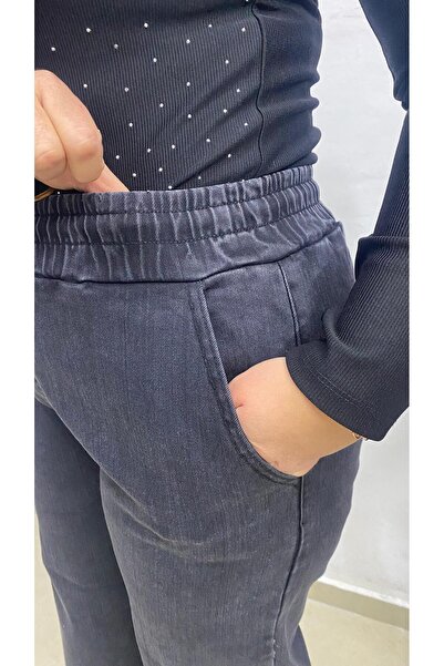 Butik SEVİL BOL PAÇA LİKRALI YÜKSEK BEL BELİ LASTİKLİ KOT PANTOLON