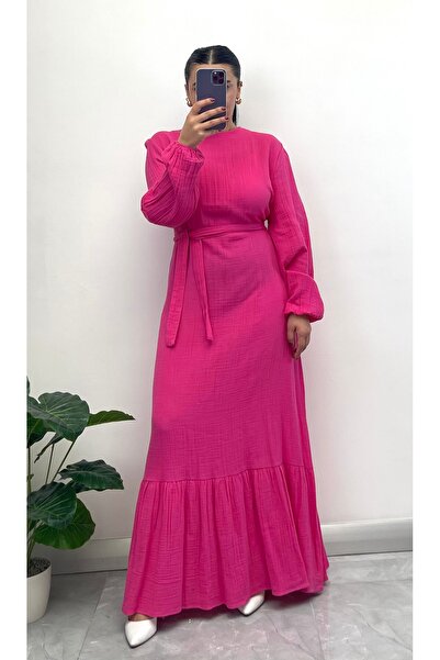 NİSUM MODA Muslin Fabric Belted Long Dress
