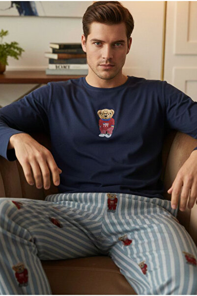 Siyah İnci lacivert Ayıcık Baskılı Çizgi Desenli Uzun Kollu Örme Erkek Pijama Takım 7959