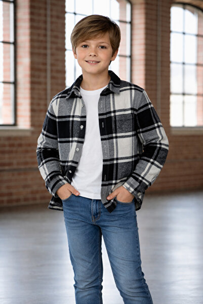 ADA YILDIZ KİDS Момчешка риза с дървосекач, карирана, черно-бяла, възраст 6-1...