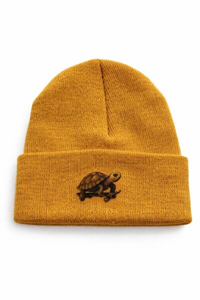 Middles&Niddles Collection Kaykaylı Kaplumbağa Baskılı Beyaz Bere – Unisex Teenage Günlük Triko Bere