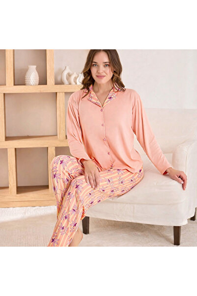 Tusebu Women's Buttoned Pajama Set – Peach Top, Striped Floral Pattern Bottom