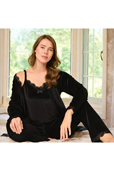 Tusebu Women's Black Lace Velvet 3-Piece Pajama Set