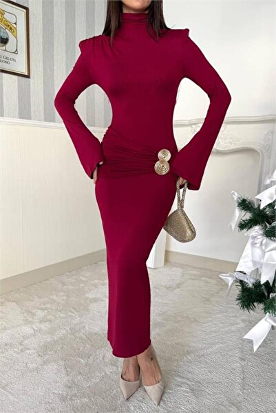 Neşeli Butik Women's High Collar Sleeve Shoulder Pad Waist Draped Buckle Deta...