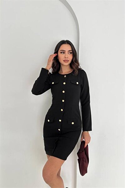 Neşeli Butik γυναικείο μίνι φόρεμα με μακρυμάνικο χρυσό κουμπί NBK4388