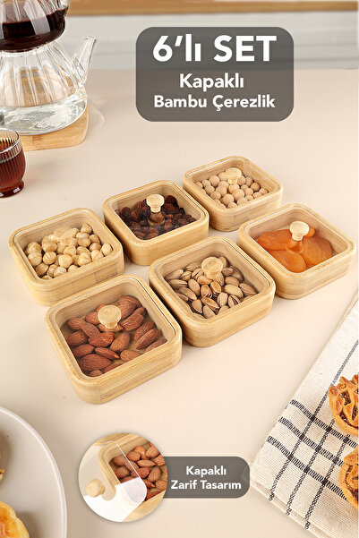 Meleni Home Set de 6 boluri din bambus cu capace - Bol de prezentare pentru cafea, bol de prezentare pentru mic dejun, bol din bambus