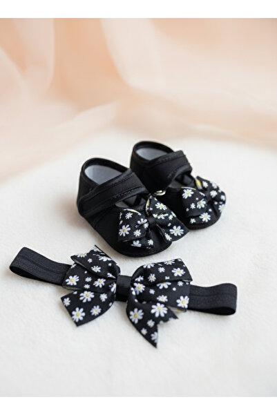 lilico Siyah Papatya Fiyonk Detay Bandanalı Yenidoğan Patik