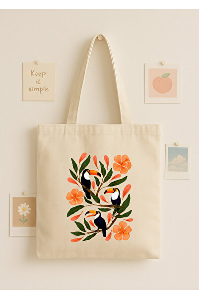 Maki Craft Çiçek Desenli Tukan Kuşu Baskılı Bez Çanta Tote Bag