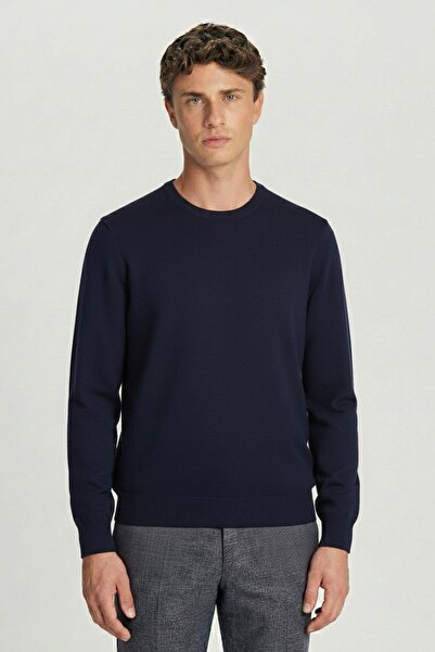 Sabri Özel Lacivert Regular Fit Yünlü Bisiklet Yaka Triko Kazak