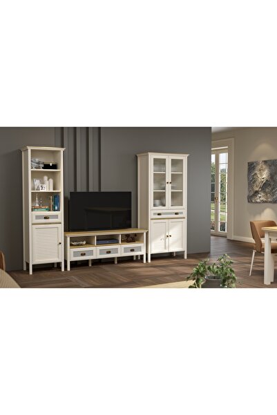 Sakura Ahşap MİSTO SET 6 tv ünitesi-kitaplık-vitrin-krem/legnano-Minifiks Bağ...