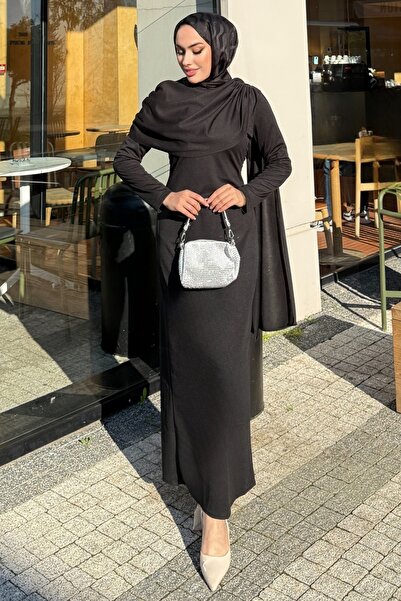 ModaMerve Önü Drapeli Örme Krep Elbise 4680ALGK1170-MS Siyah