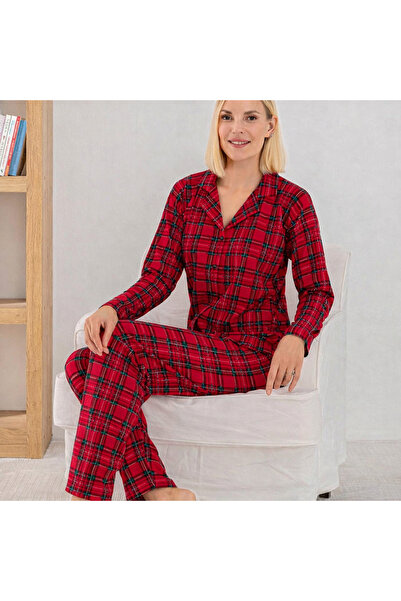 Tusebu Women's Buttoned Pajama Set – Red Plaid, Long Sleeve Comfortable Fit