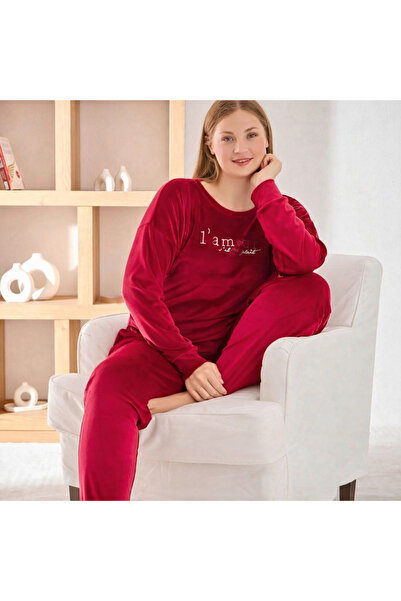 Tusebu Plus Size Velvet Burgundy Pajama Set – Long Sleeve, Soft Texture