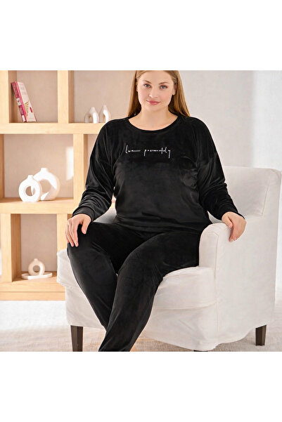 Tusebu Plus Size Velvet Black Pajama Set – Long Sleeve, Soft Texture
