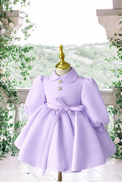 MUSGEM Özel Tasarım Lila Uzun Kol Yılbaşı Model Kız Çocuk Abiye Elbise