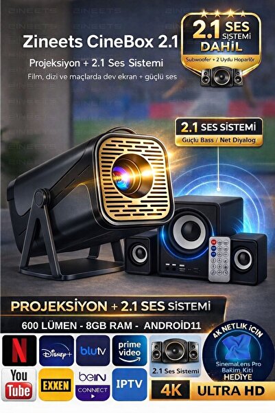 Zineets Q320 Taşınabilir Android Projeksiyon + Ses Sistemi Wifi Destekli Akıllı Sinema Projektör Ultra Hd