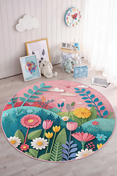 Realhomes Canlı Renklerde Çiçek Desenli Yuvarlak Çocuk Odası Yıkanabilir Kaym...