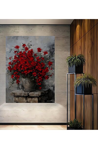 Teona Ahşap Canlı Kırmızı Gül Buketi Yağlı Boya Görünümlü Ahşap Dekoratif Ev,...