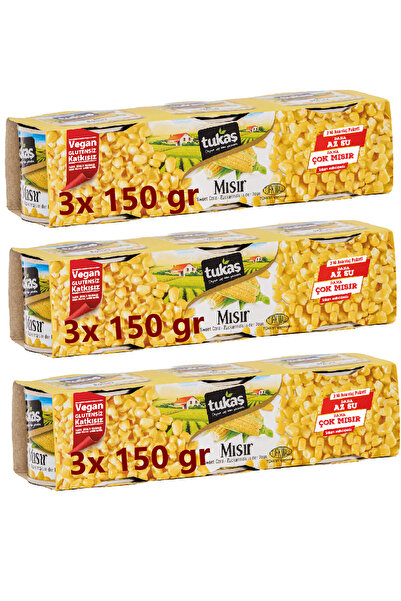 Tukaş Mısır Konserve Vegan Glutensiz Katkısız (3 x 150 g) x 3 Paket