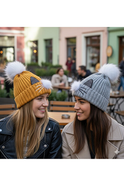 IronMoon 2'li Hardal ve Gri Renkte Kedi Figürlü Nakışlı Ponponulu Şapka