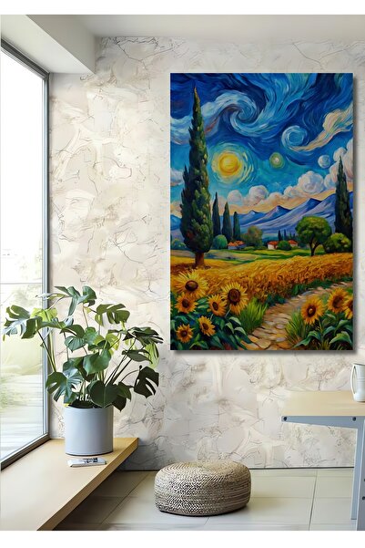 Teona Ahşap Van Gogh Tarzı Ayçiçekleri Tarlası Yağlı Boya Görünümlü Ahşap Dek...